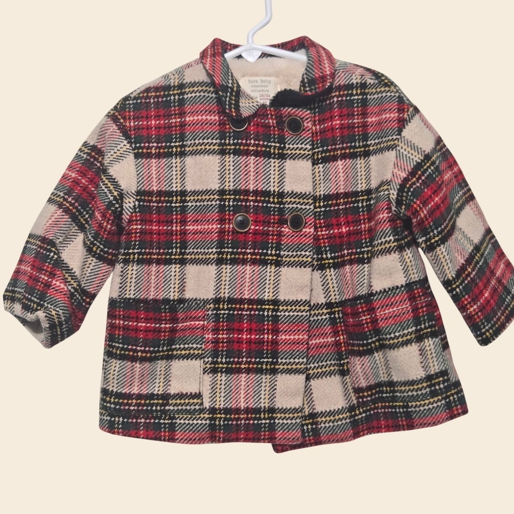 Zara Baby Plaid Faux Fur Lined Wool Blend Double Breasted Coat Red Cream 18/24M